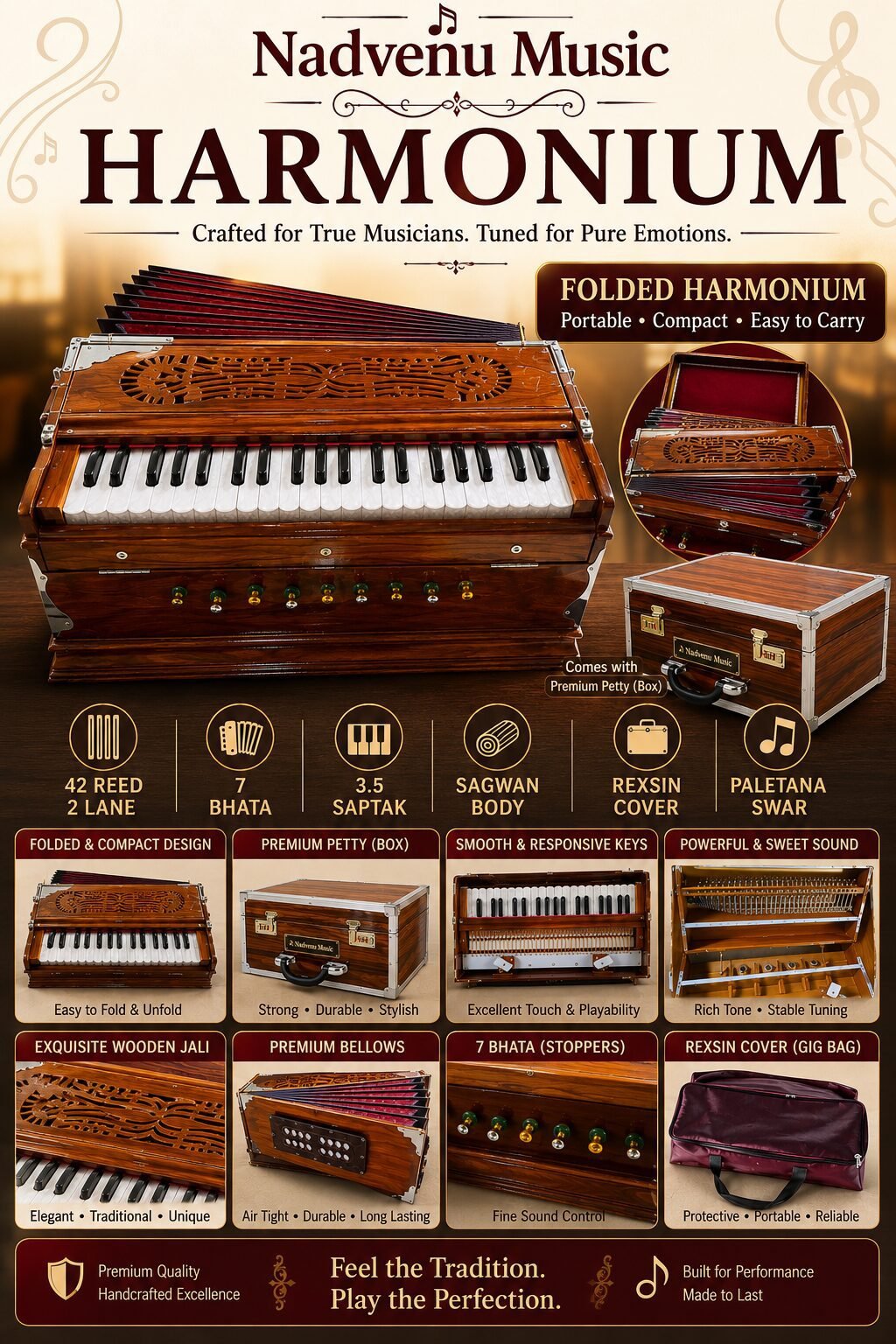 Premium Foldable Harmonium 3.5 Saptak | Nadvenu Music