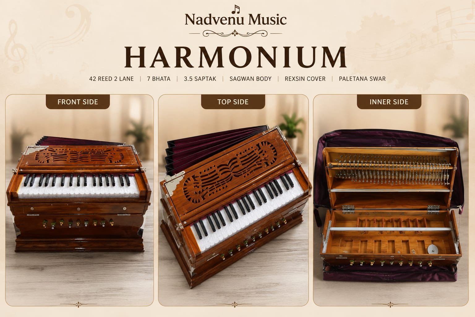Nadvenu Premium Harmonium 42 Keys, 3.5 Octave, 2 Line Palitana Reed. - Image 2