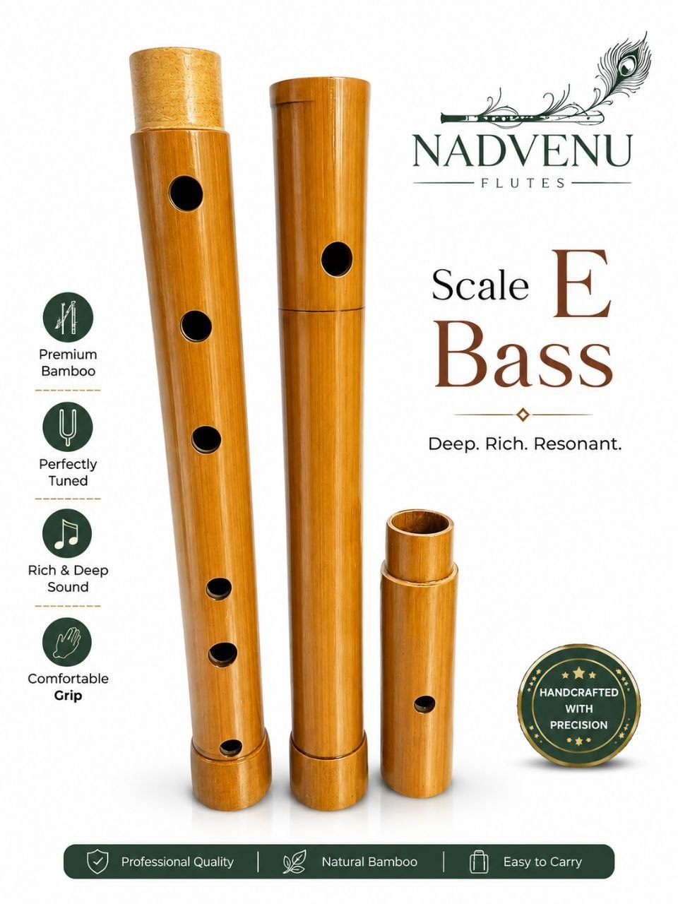 Nadvenu Premium Teak Wood E-Bass Wind Instrument – Modular 3-Piece Design